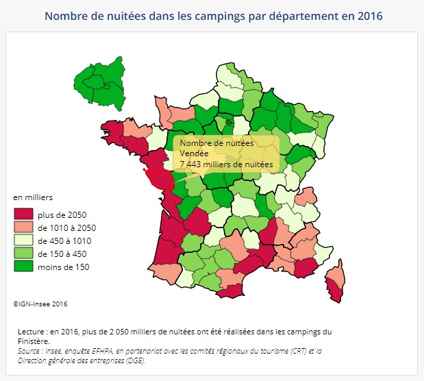 Nombre de nuitées dans les campings par département en 2016